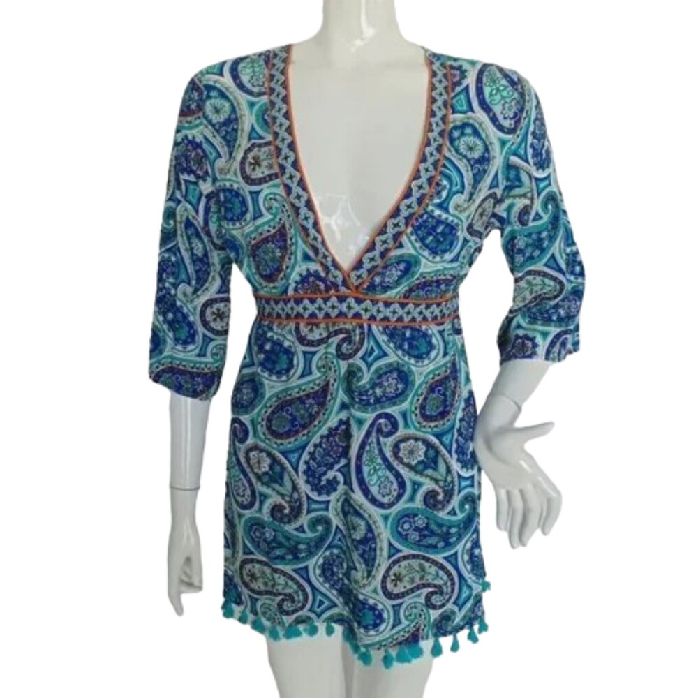 TRINA TURK Swim Cover/Dress, M/L, Low Cut, Open Back, Tassle hem, Blue Paisley